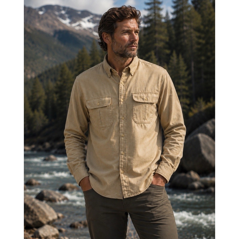 Vintage L L Bean Men's  Long Sleeves Shirt Army Style Khaki Wool Size Medium